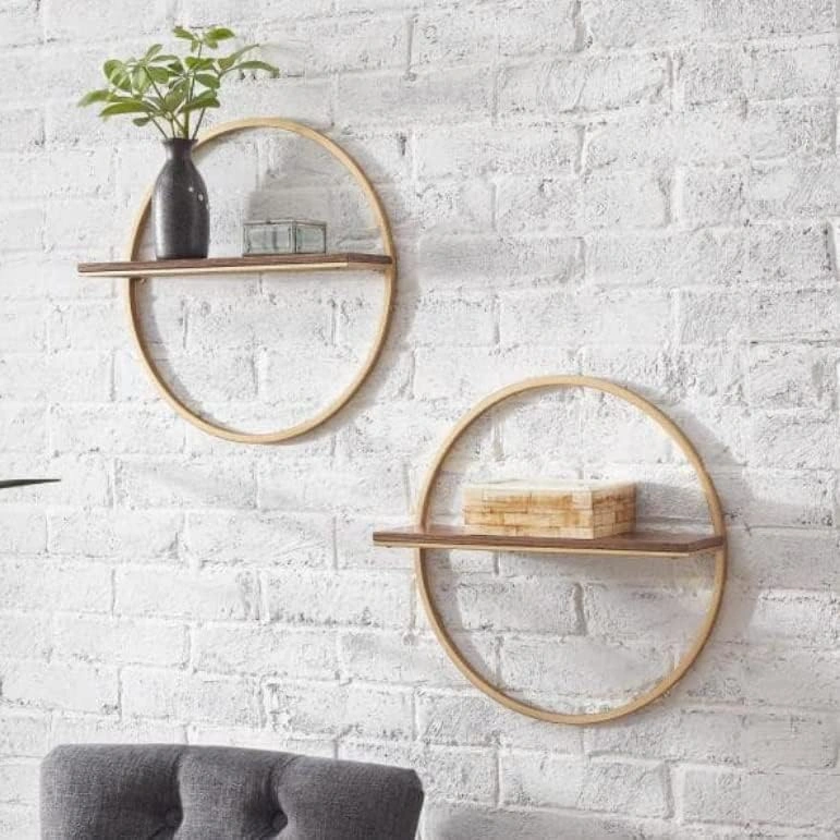 Wood and Gold Metal Wall-Mount Round Floating Shelf (Set of 2) 15 x 15 x 4-12646575