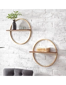 Wood and Gold Metal Wall-Mount Round Floating Shelf (Set of 2) 15 x 15 x 4