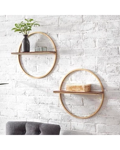 Wood and Gold Metal Wall-Mount Round Floating Shelf (Set of 2) 15 x 15 x 4-12646575