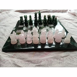 luxury handcrafted gemstone chess set – rose quartz & green jade, 10x10 inches