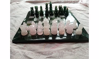 Luxury Handcrafted Gemstone Chess Set – Rose Quartz & Green Jade, 10x10 Inches