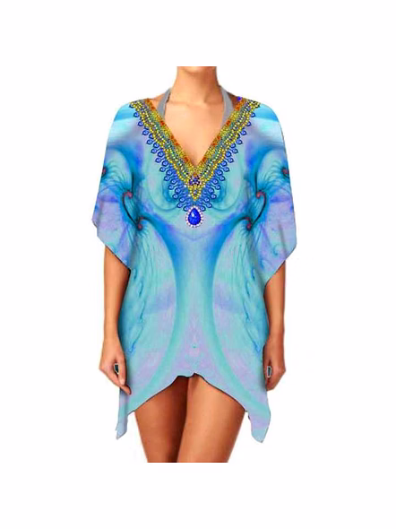 Trendy Women's Short Kaftan Dress Breathable Summer Casual Wear for Beach Outings &amp; Parties V-Neck &amp; Digital Printing Sexiness @ Short Length Kaftan-Kar1003