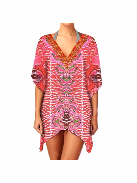 Stylish Comfortable Summer Short Kaftan Dress for Women Breathable Lightweight Fabric V-Neck Digital for Casual Beach Outings @ Short Length Kaftan