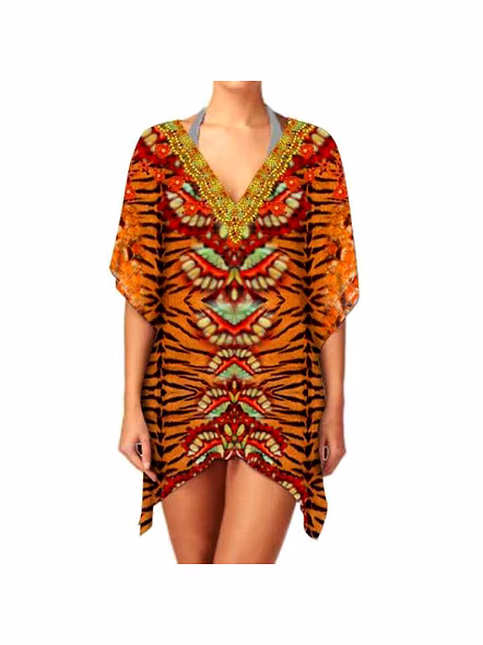 Elegant Stylish Ladies Kaftan Dress Fashionable V-Neck Short Summer Outfit Comfortable Casual Digital Made Lightweight Fabric @ Short Length Kaftan-Kar1016