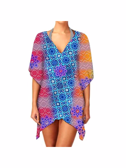Stylish Ladies Short Kaftan Dress Breathable Lightweight Fabric for Summer V-Neck Digital for Beachwear Casual Outfits Party @ Short Length Kaftan