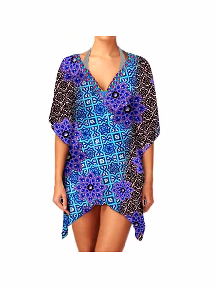 Fashionable Women's Short Kaftan Dress Breathable Lightweight Fabric V-Neck Digital Printing for Summer Beach &amp; Casual Holidays @ Short Length Kaftan-Kar1032