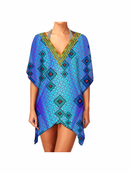 Stylish Casual Women's Short Kaftan Dress Lightweight and Breathable Fabric V-Neck for Summer Beach Outings Digital Printed @ Short Length Kaftan