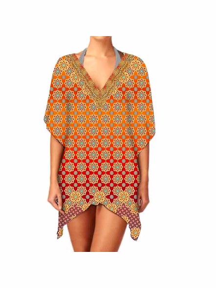 Women's Comfortable Loose Fit Short Kaftan Dress Soft and Lightweight Fabric for Summer Casual Wear V-Neck Digital Printing @ Short Length Kaftan