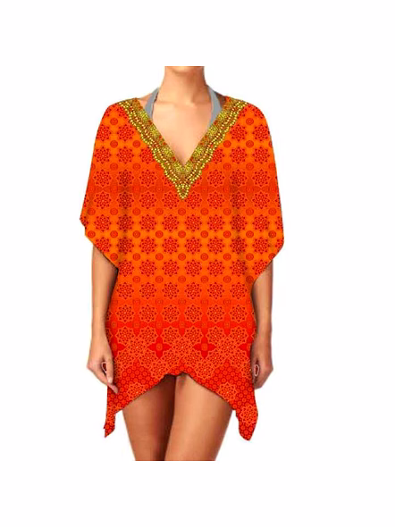 Elegant Ladies Kaftan Dress Stylish Short V-Neck Digital Printing Breathable Fabric Casual Wear for Summer Bikinis Beachwear @ Short Length Kaftan