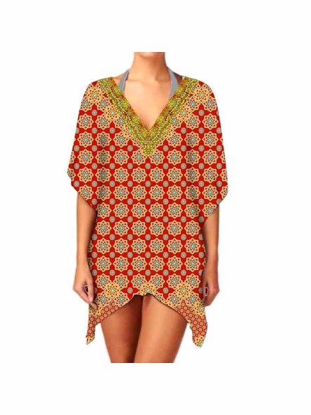 Stylish Comfortable Women's V-Neck Short Kaftan Dress Summer Casual Breathable Lightweight Digital Printed Bikinis Beachwear @ Short Length Kaftan