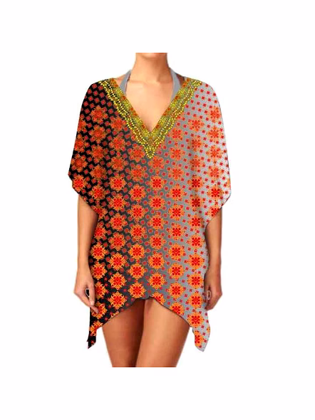 Stylish Trendy Women's Short Length Kaftan Dress Soft Breathable Fabric V-Neck Digital Printed Casual Summer Beachwear One-Piece @ Short Length Kaftan
