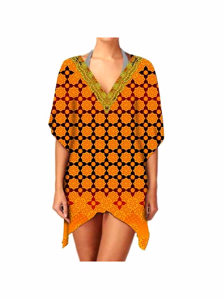 Stylish Women's V-Neck Short Kaftan Dress Breathable Lightweight Fabric Digital Printing for Summer Beachwear and Daily Wear @ Short Length Kaftan