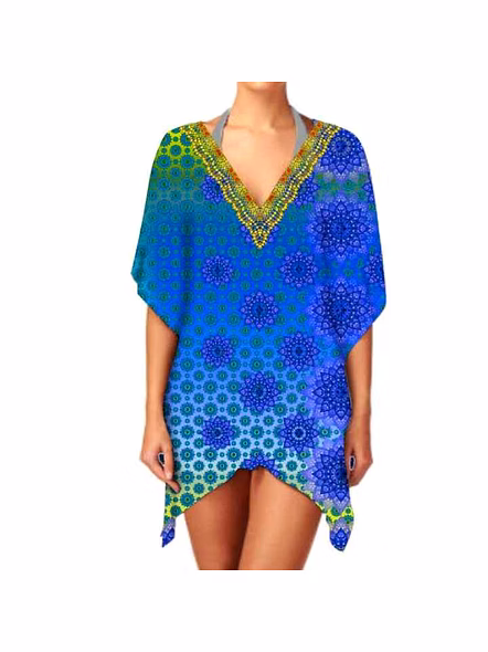 Elegant Stylish Women VNeck Short Kaftan Dress Breathable Fabric Casual Wear for Summer Outings Beachwear Digital Bikinis @ Short Length Kaftan