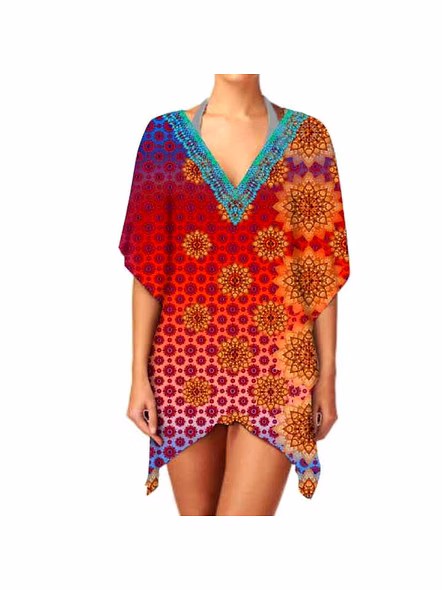 Ladies Trendy Short Length Kaftan Dress V-Neck Comfortable Soft Lightweight Fabric for Summer Casual Wear Digital Outfits @ Short Length Kaftan
