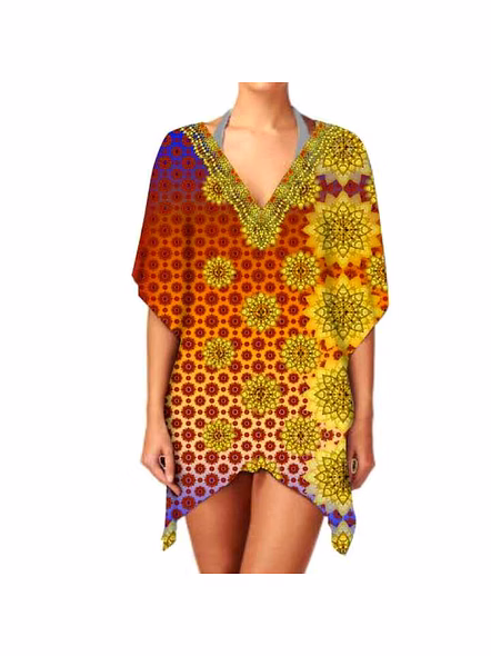 Stylish Casual Women's Summer Beach Outings Short Kaftan Dress One-Piece V-Neck Digital Printed Lightweight Breathable Fabric @ Short Length Kaftan
