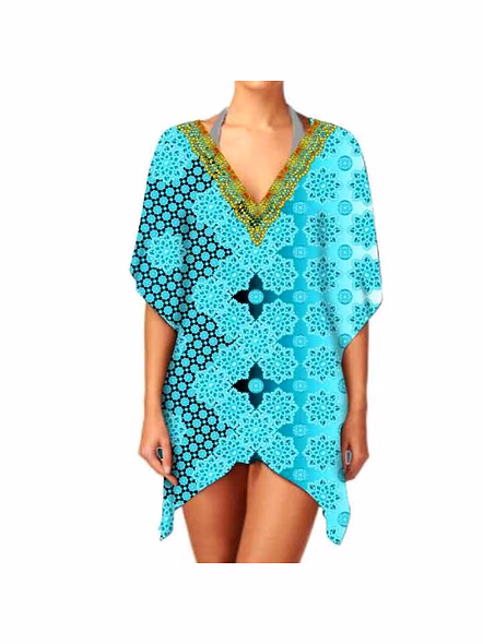 Women's Elegant VNeck Kaftan Dress Fashionable Short Design Breathable Fabric Digital Printing Casual Summer Beach Wear 1 Piece @ Short Length Kaftan