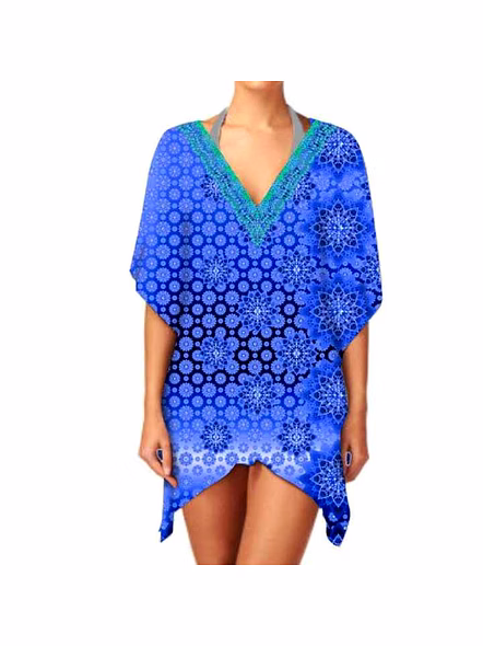 Trendy Women's Short Kaftan Dress V-Neck Breathable Fabric Summer Casual Wear Beach Outings Parties Fashionable Sexiness Digital @ Short Length Kaftan-Kar1066