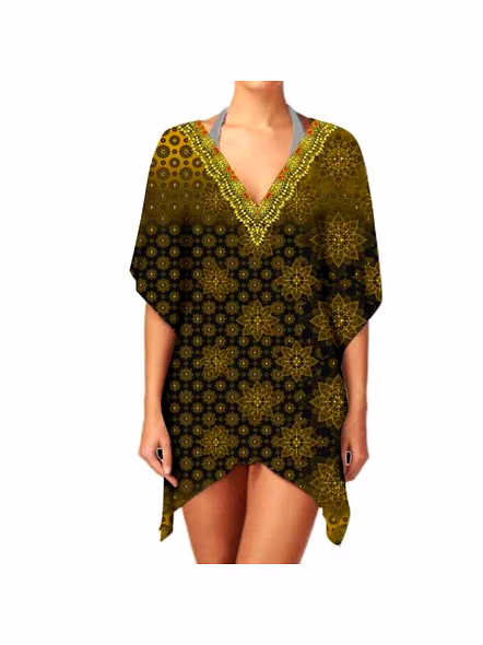 Elegant Ladies Kaftan Dress Stylish Short Cut V-Neck Breathable Fabric Digital Printing Casual Summer Beachwear Outfits for @ Short Length Kaftan-Kar1070