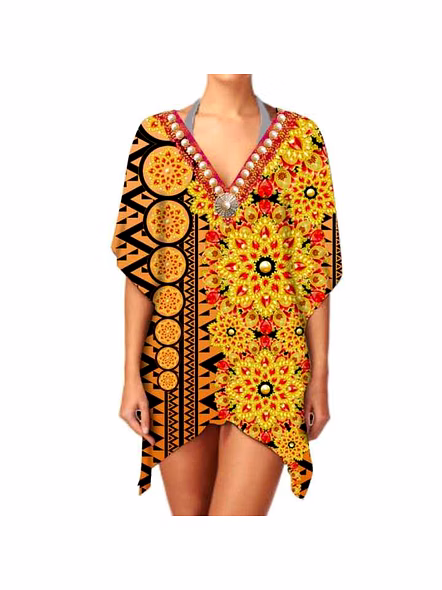 Women Short Kaftan Dress Lightweight, Soft Fabric, Ideal for Summer Beachwear Casual &amp; Sexy Wear Available in Multiple Designs @ Short Length Kaftan-Kar1101