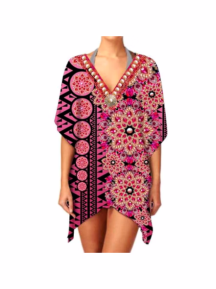 Comfortable Loose Fit Short Kaftan Dress for Women Breathable Fabric Sexy Summer Casual Outfit, Perfect for Vacation &amp; Beachwear @ Short Length Kaftan-Kar1102