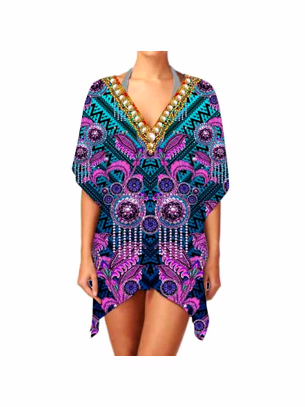 Women's Stylish V Neck Best Quality Lightweight One-Piece Georgette Kimono Elegant Casual Cover up Ethnic Print Sexiness Dress @ Western Print Kimono-Kar1110