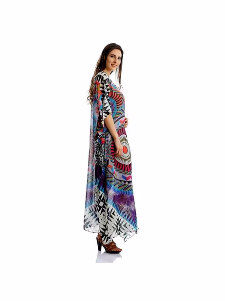 Elegant Lightweight Georgette Tribal Kaftan Maxi Dress for Women Free Size Loose Fit Comfortable Summer Beach Resort Wear @ Printed Kaftan Dress