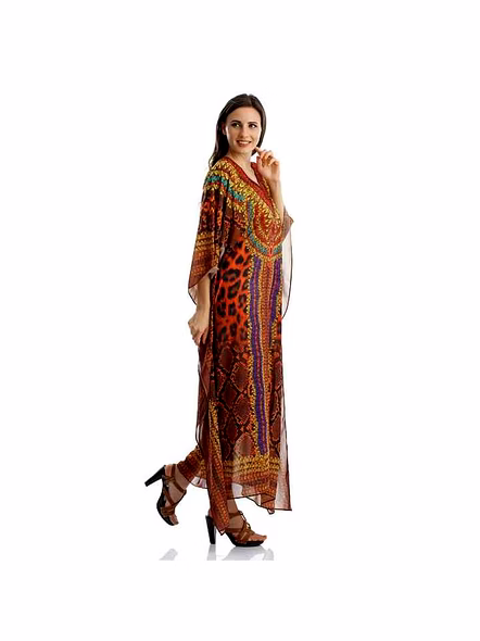 Vibrant Georgette Tribal Print Kaftan Maxi Dress for Women Lightweight Free Size Loose Fit Summer Beach Vacation Wear Outfit @ Printed Kaftan Dress-Kar1369