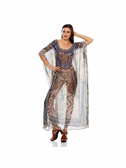 Vibrant Women's Lightweight Georgette Tribal Maxi Kaftan Dress Loose Fit Comfortable Free Size Great Summer Outfit on Sale @ Printed Kaftan Dress