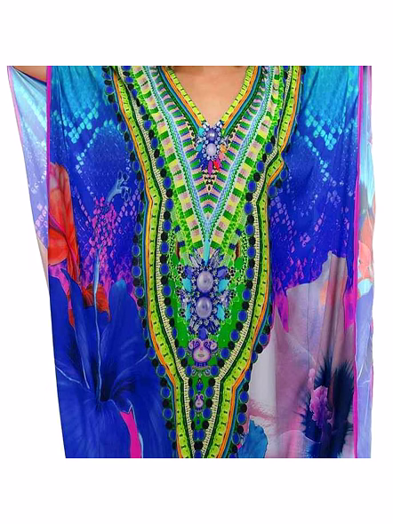 Vibrant Tribal Print Womens Georgette Maxi Kaftan Dress Loose Fit Lightweight Free Size Sexy Summer Vacation Resort Beach Wear @ Printed Kaftan Dress