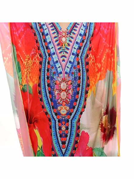 Vibrant Womens Tribal Printed Kaftan Georgette Maxi Loose Fit Lightweight Free Size Sexiness Dress for Vacations and Daily Style @ Printed Kaftan Dress