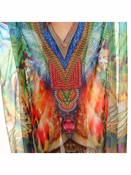 Hot Selling Georgette Kaftan Tribal Printed Womens Maxi Dress Lightweight Free Size Loose Fit Sexiness Summer Beachwear @ Printed Kaftan Dress-Kar1394