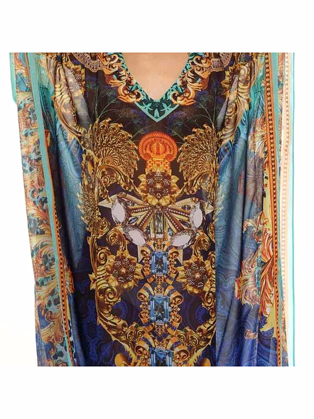 Top Quality Beautiful Lightweight Georgette Kaftan Maxi Dress Tribal Print Womens Free Size Stylish Sexiness Summer Wear @ Printed Kaftan Dress-Kar1395