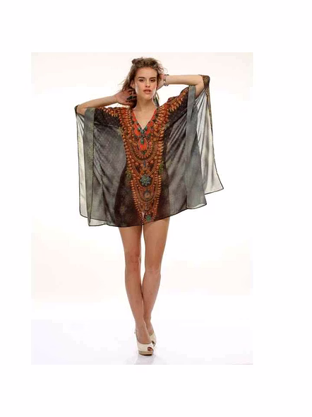 Top Quality Stylish Womens Georgette Kaftan Maxi Dress Tribal Print Lightweight Loose Fit Free Size Sexy Beach Outfit Wear @ Printed Kaftan Dress-Kar1411