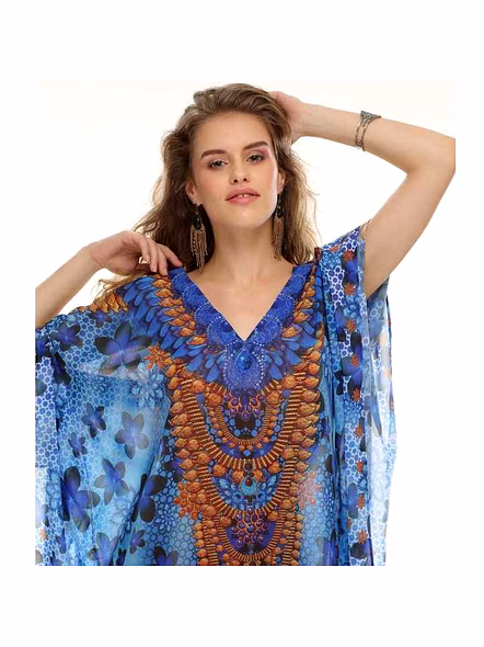 High Quality Lightweight Tribal Print Georgette Kaftan Maxi Dress for Women Free Size Comfortable Sexiness Beach One-Piece @ Printed Kaftan Dress