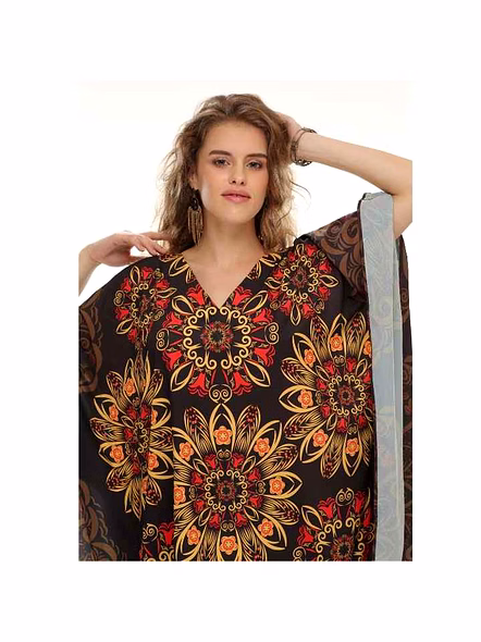 High Quality Womens Kaftan Maxi Dress Beautiful Georgette Tribal Print Loose Fit Summer Beachwear Sexiness Free Size One-Piece @ Printed Kaftan Dress