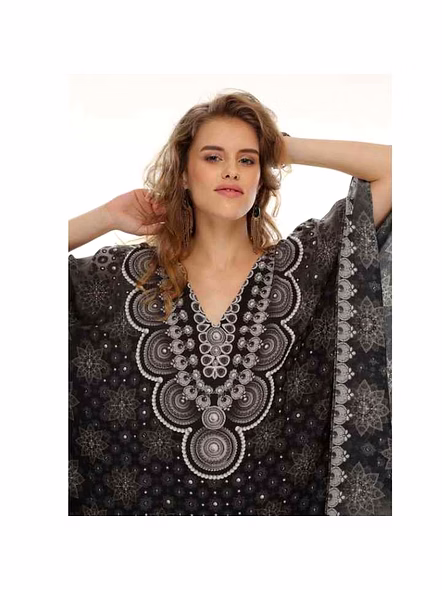 Hot Selling Elegant Flowing Maxi Dress for Women Tribal Print Georgette Kaftan One-Piece Beach Wear Lightweight Free Size Adding @ Printed Kaftan Dress-Kar1418