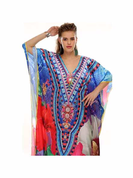 New Arrival Womens Georgette Tribal Kaftan Maxi Dress One Piece Free Size Lightweight Loose Fit Sexy Summer Beach Vacation Wear @ Printed Kaftan Dress-Kar1420