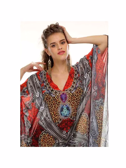 2025 Premium Quality Georgette Women's Tribal Print Kaftan Maxi Dress Lightweight Relaxed Fit Free Size Beachwear for Vacations @ Printed Kaftan Dress