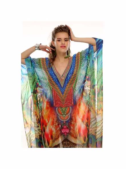 Womens Long Kaftan Dress Georgette Loose Fit Tribal Print One Size Perfect for Vacation Beachwear Sexiness Daily Outfits @ Printed Kaftan Dress