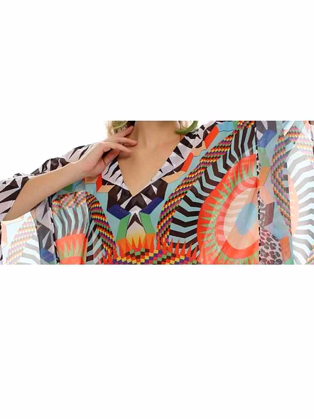 Elegant Womens Georgette Kaftan Colorful Tribal Print Maxi Dress One Size Relaxed Fit Comfortable for Summer Sexiness Wear @ Printed Kaftan Dress