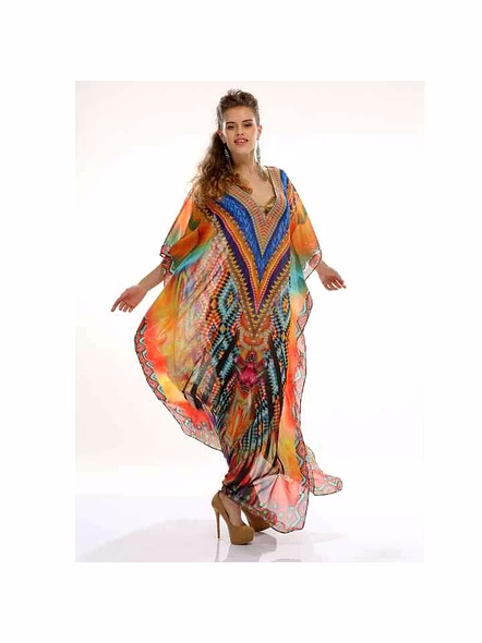 Womens Printed Georgette Kaftan Stylish Comfortable Loose Fit Free Size Dress for Resort Vacation and Casual Outings @ Printed Kaftan Dress