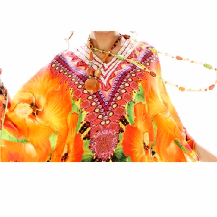 Lightweight Womens Kaftan Long Georgette Dress With Tribal Prints One Size Fits Most Perfect for Vacation Resort Sexiness Wear @ Printed Kaftan Dress image 3
