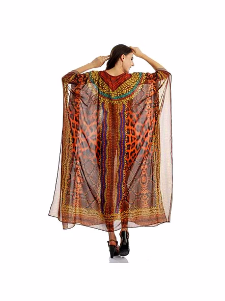 New Arrival Lightweight Georgette Printed Kaftan Dress for Women Elegant Vibrant Tribal Design Free Size Beachwear @ Printed Kaftan Dress-Kar1434