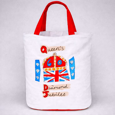 queen’s diamond jubilee cotton canvas tote bag with printed commemorative graphic and dual shoulder handles