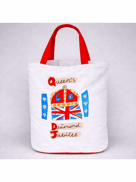 Queen’s Diamond Jubilee Cotton Canvas Tote Bag with Printed Commemorative Graphic and Dual Shoulder 