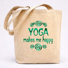 natural cotton canvas yoga tote bag with “yoga makes me happy” printed graphic and shoulder handles