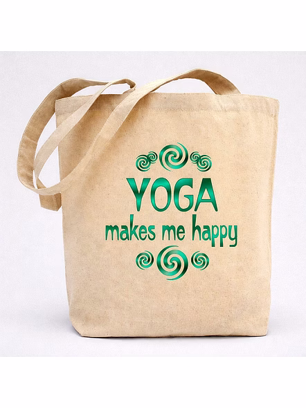 Natural Cotton Canvas Yoga Tote Bag with “YOGA Makes Me Happy” Printed Graphic and Shoulder Handles