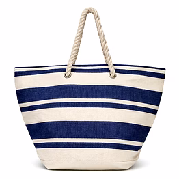 striped canvas beach tote bag with navy and white horizontal bands and braided rope handles