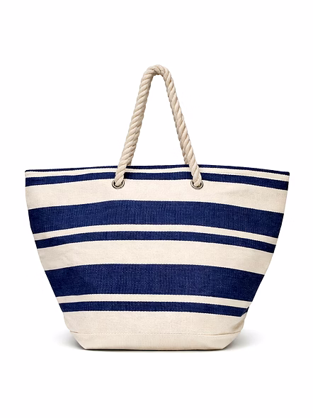 Striped Canvas Beach Tote Bag with Navy and White Horizontal Bands and Braided Rope Handles