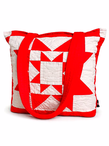 Quilted Patchwork Tote Bag with Red and White Geometric Block Design and Wide Fabric Shoulder Straps